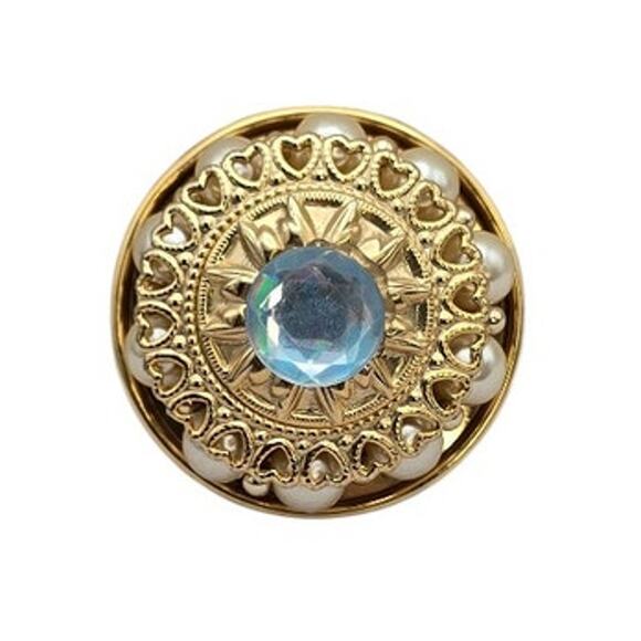 Vintage Gold Filigree Heart Brooch Blue Glass Stone & Faux Pearls - Picture 4 of 6